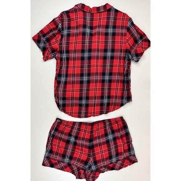 Victoria’s Secret Plaid Pajama Set Top & Shorts Red Black L Cozy Holiday Prep - Picture 12 of 13